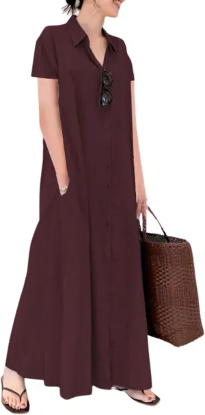 LOAIHA Women's Casual Button Down Cotton Linen Maxi Dress Long Sleeve Lapel Loose Plus Size Shirt Dresses with 2 Pockets
