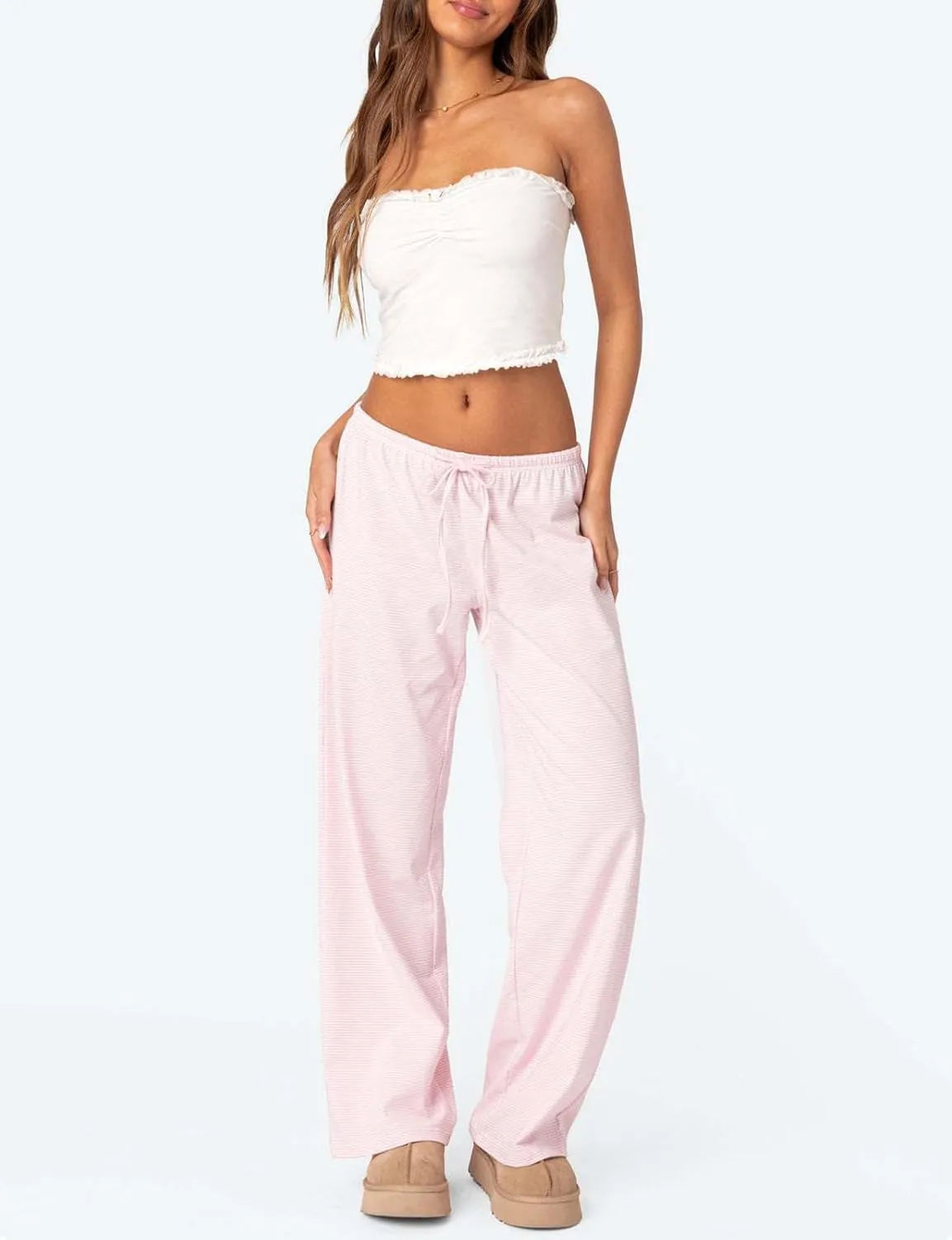 LONGBIDA Pajamas Pants For Women Sleepwear Elastic Waist Wide Leg Drawstring Casual Loose Trousers with Pockets