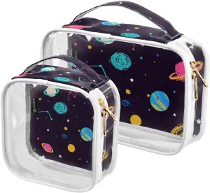 Lovely-galaxy Print 2 Pack Clear Toiletry Bag Women Men, Portable Waterproof Clear Pouch, Cosmetic Bag with Double Zippers Large Opening Traveling with Handle for Bathroom Traveling Vacation Organizin