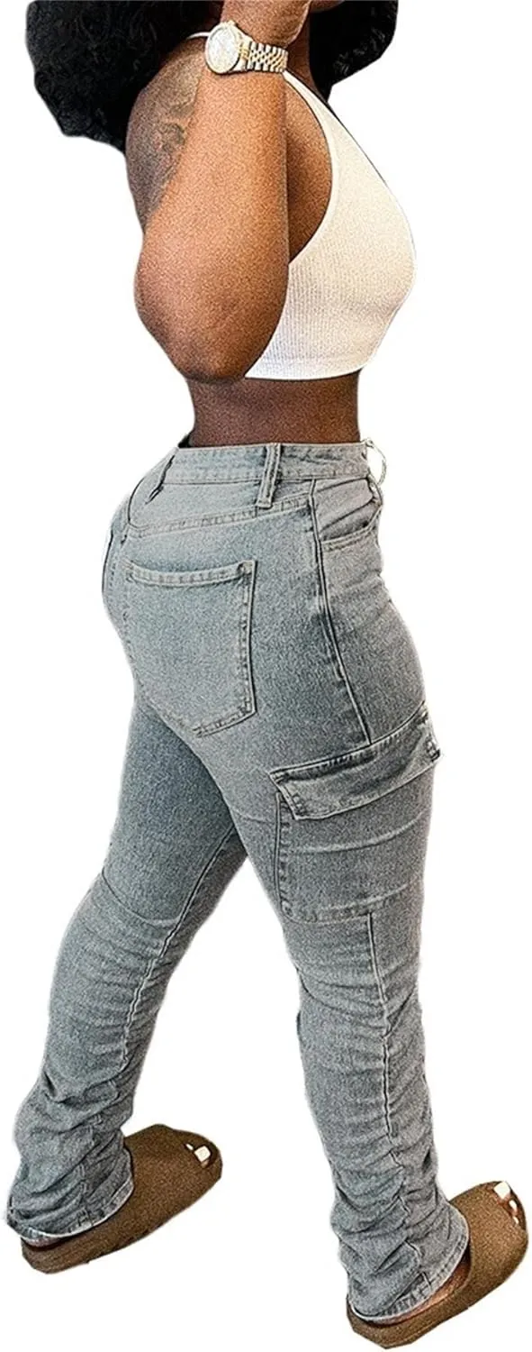 Lucuna Women's Stacked Jeans Y2K Boyfriend High Waisted Bootcut Skinny Stretchy Denim Pants Trousers