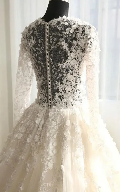 Luolandi A-Line Long Sleeve Bell Beading Appliques Flower Zipper Keyhole Tulle Lace Dress Beautiful