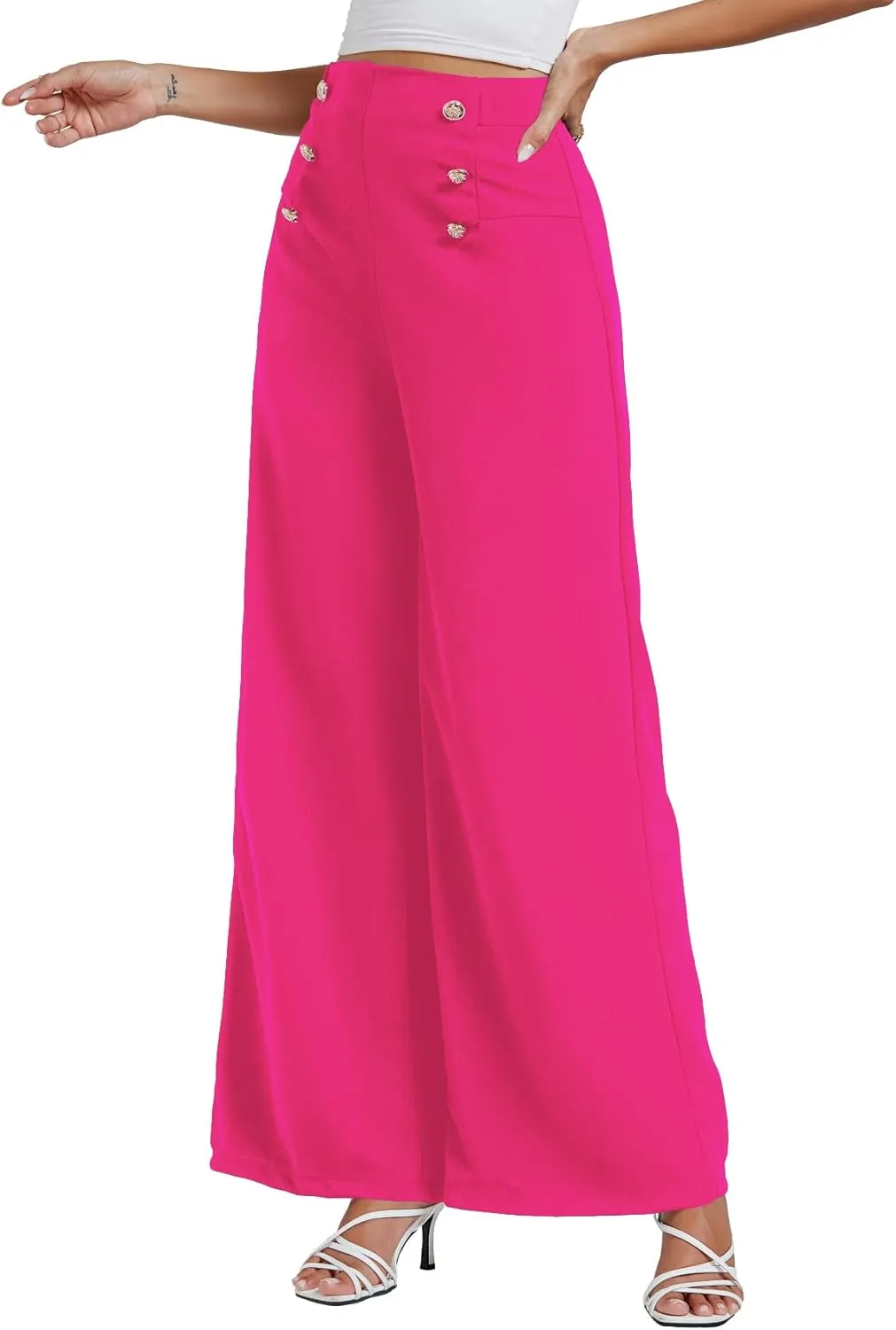LYANER Women's Casual Elastic High Waist Double Breasted Wide Leg Long Pants Trouser