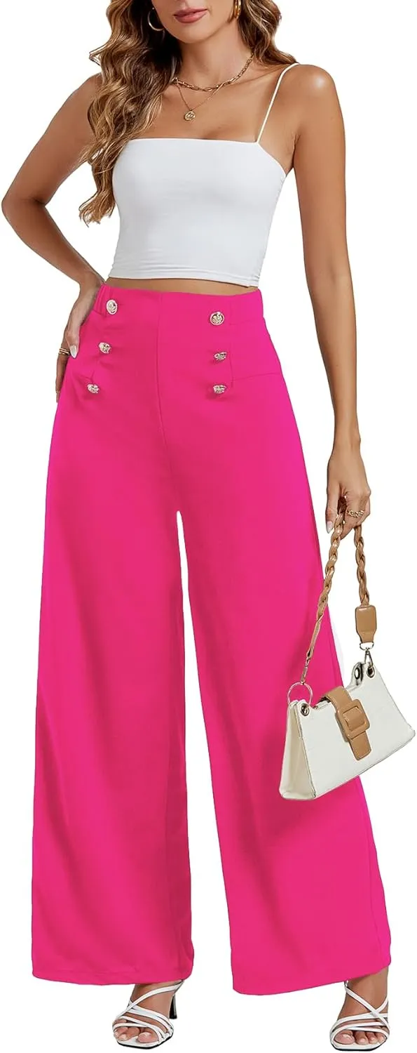 LYANER Women's Casual Elastic High Waist Double Breasted Wide Leg Long Pants Trouser