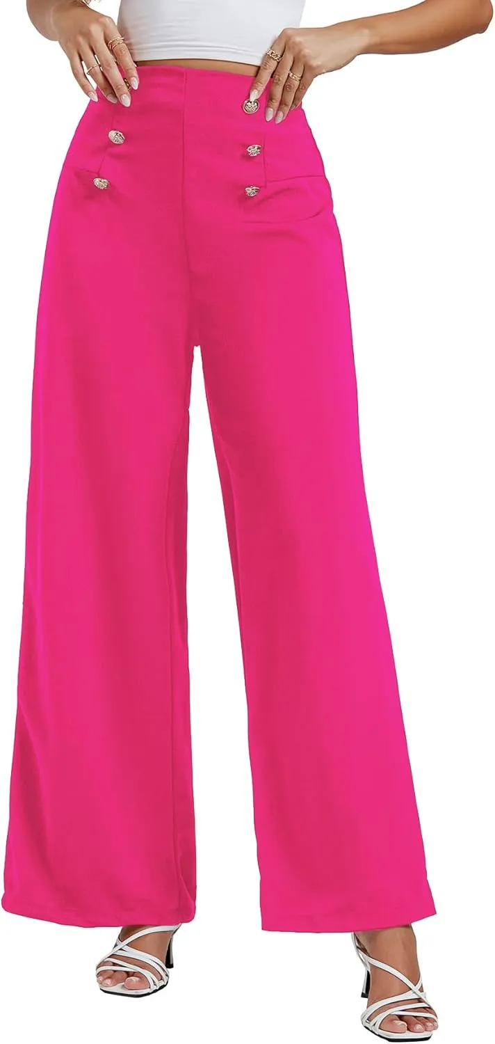 LYANER Women's Casual Elastic High Waist Double Breasted Wide Leg Long Pants Trouser