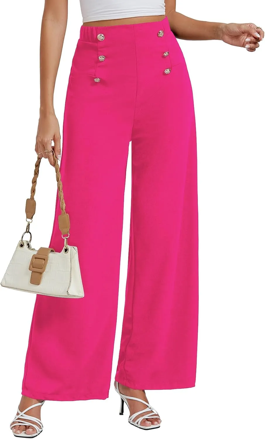 LYANER Women's Casual Elastic High Waist Double Breasted Wide Leg Long Pants Trouser