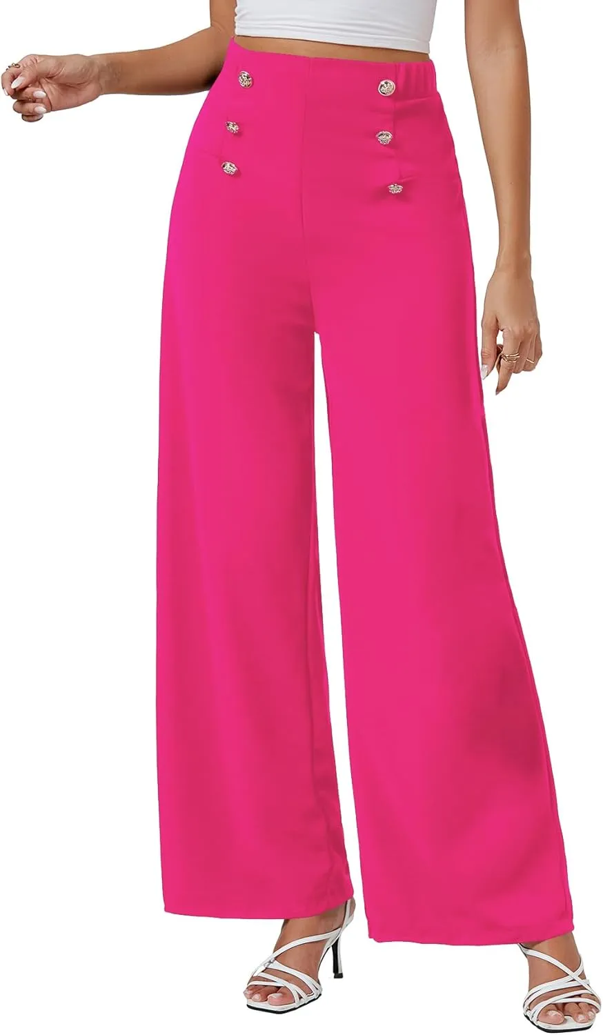 LYANER Women's Casual Elastic High Waist Double Breasted Wide Leg Long Pants Trouser