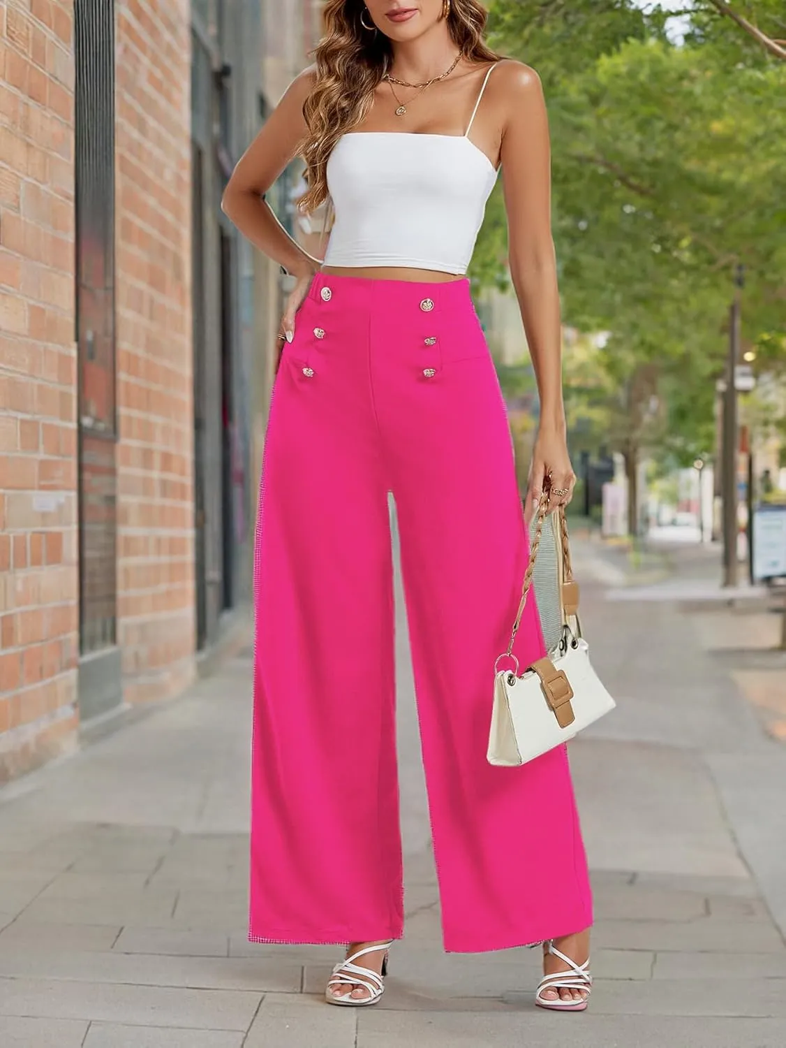 LYANER Women's Casual Elastic High Waist Double Breasted Wide Leg Long Pants Trouser