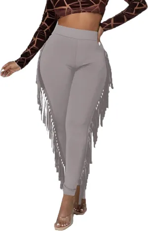 LYANER Women's High Waist Fringe Jogger Sweatpants Tassels Side Bodycon Pants