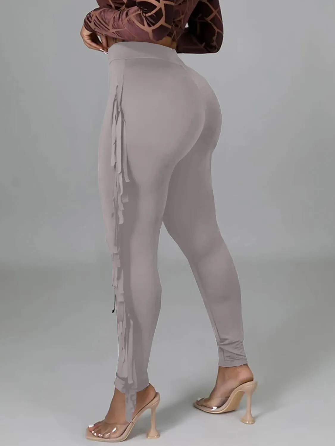 LYANER Women's High Waist Fringe Jogger Sweatpants Tassels Side Bodycon Pants