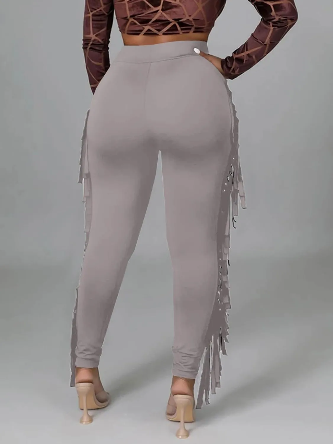 LYANER Women's High Waist Fringe Jogger Sweatpants Tassels Side Bodycon Pants