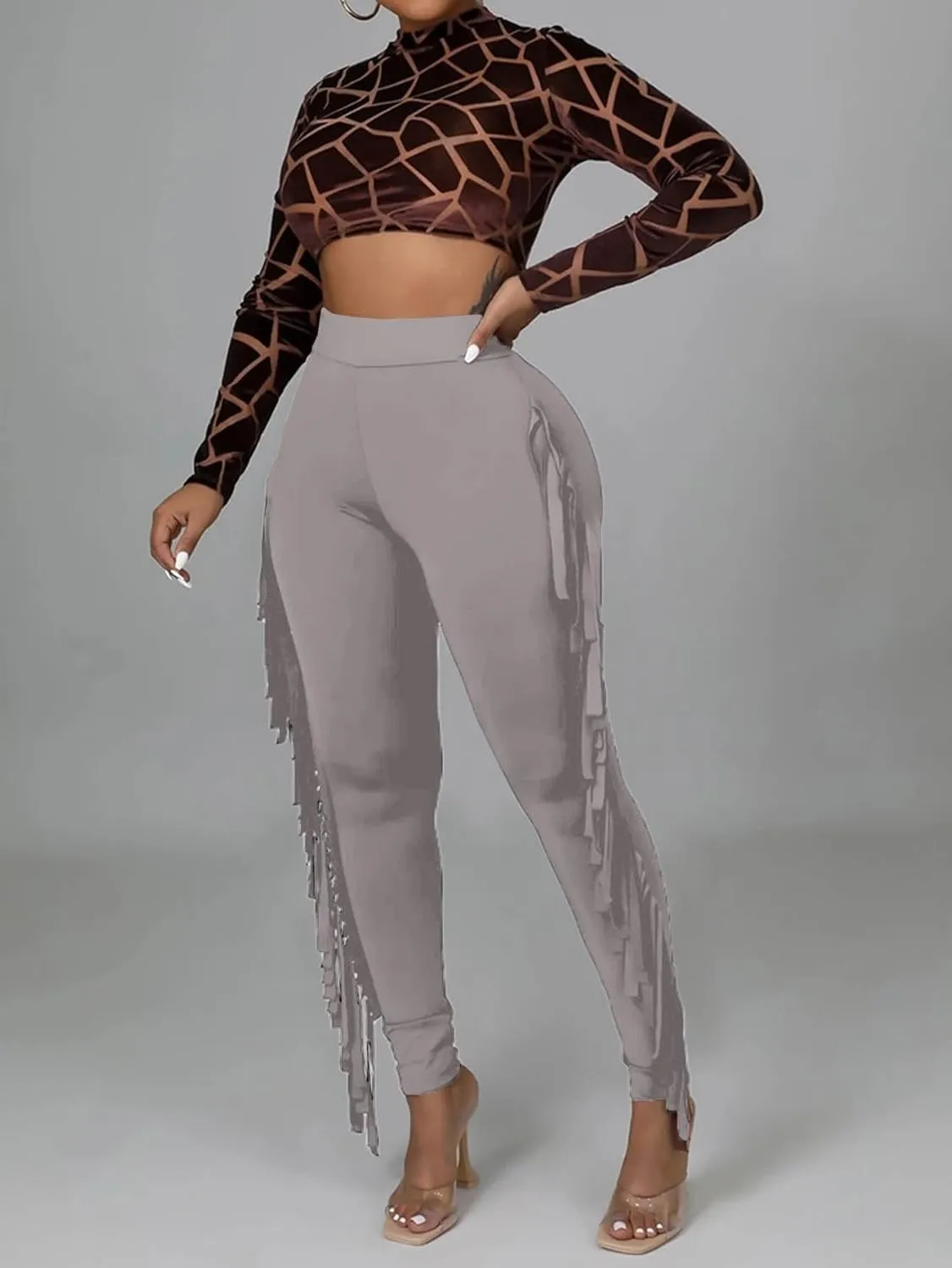 LYANER Women's High Waist Fringe Jogger Sweatpants Tassels Side Bodycon Pants