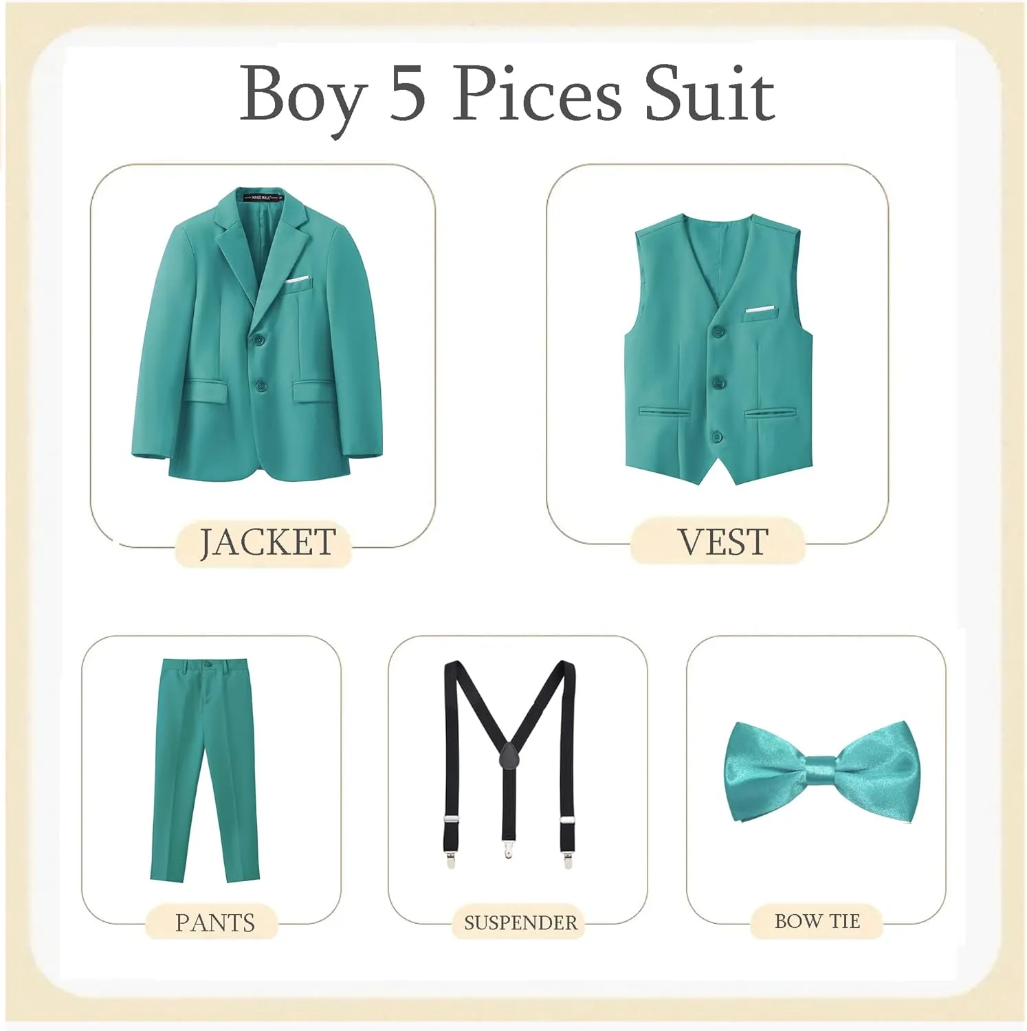 MAGE MALE Boys Multiple Colour Formal Dress Suits 5 Piece Slim Fit Dresswear Suit Set with Kids Suspenders