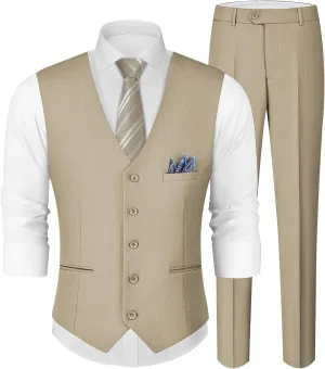 MAGE MALE Men's Linen 2 Piece Suit Slim Fit Wedding Groomsmen Summer Vest Pants Set with Pocket Square