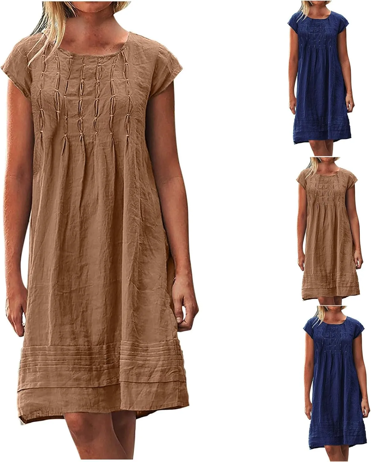 maisdgop Linen Dresses for Women 2025 Plus Size Cap Sleeve Pleated Summer Midi Dress Vacation Casual Knee Length Sundresses