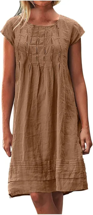 maisdgop Linen Dresses for Women 2025 Plus Size Cap Sleeve Pleated Summer Midi Dress Vacation Casual Knee Length Sundresses