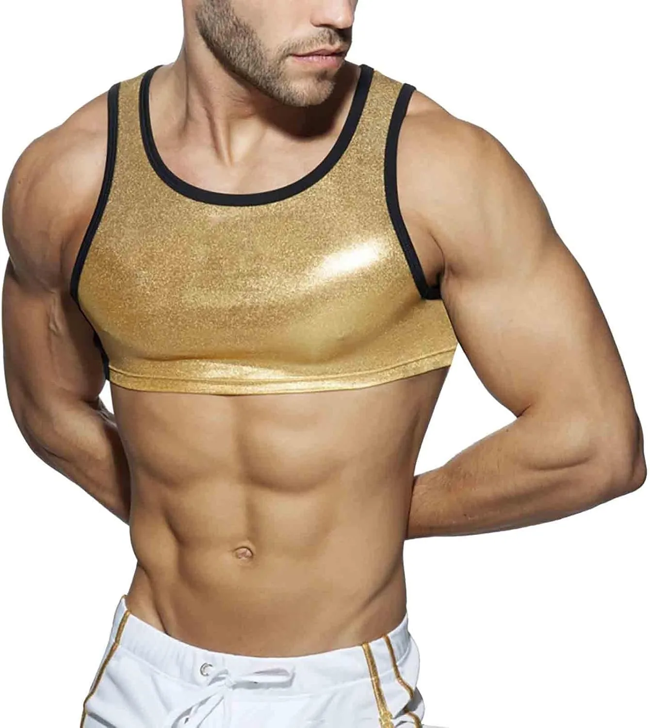 Male Sexy Nightclub Vest Hot Stamped Sequin Suspender Design Short Sleeveless Top Lace Underwear Men