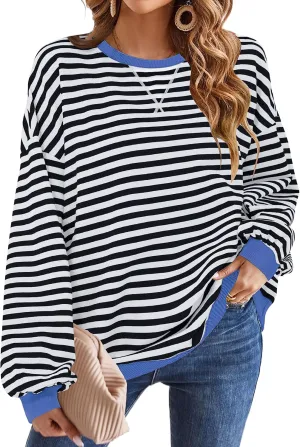 Mansy Women Oversized Striped Color Block Long Sleeve Crew Neck Sweatshirt for Teen Girls Pullover Y2K Shirt Tops 2024