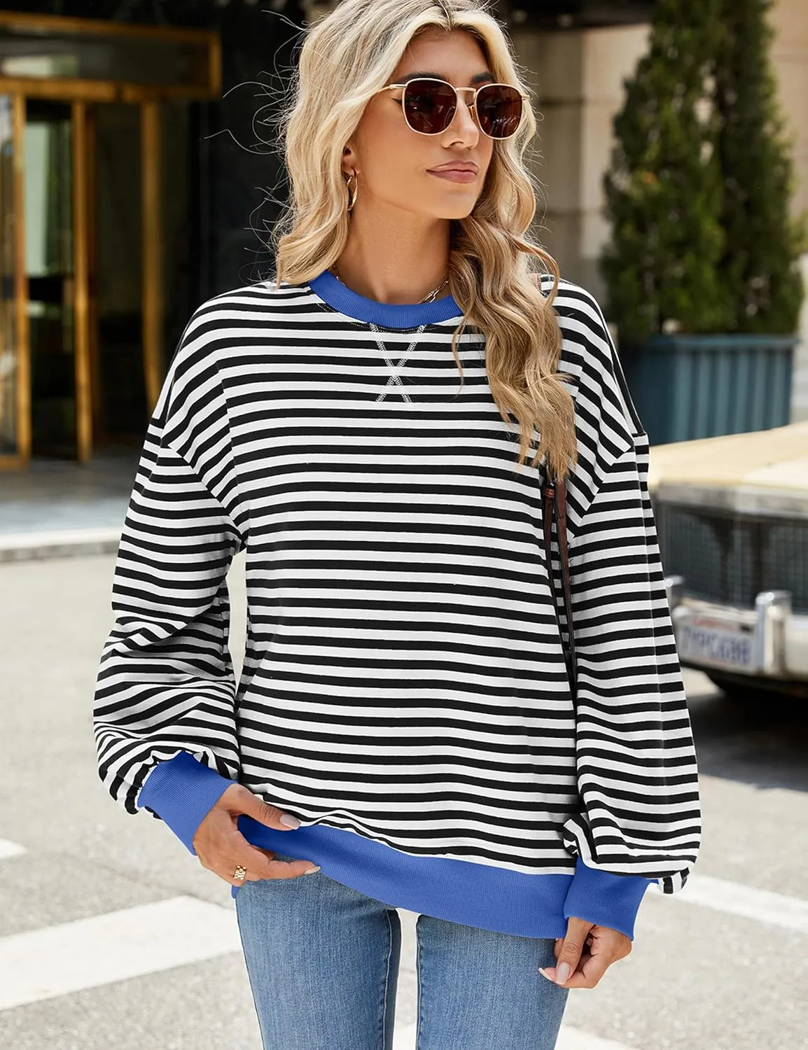 Mansy Women Oversized Striped Color Block Long Sleeve Crew Neck Sweatshirt for Teen Girls Pullover Y2K Shirt Tops 2024