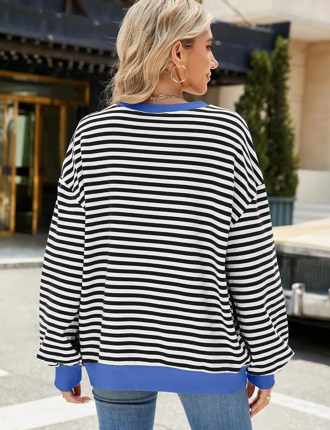 Mansy Women Oversized Striped Color Block Long Sleeve Crew Neck Sweatshirt for Teen Girls Pullover Y2K Shirt Tops 2024