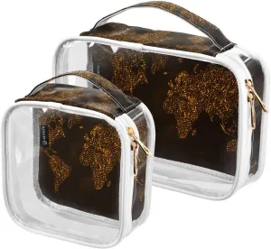 Map-gold-color-dark Print 2 Pack Clear Toiletry Bag Women Men, Portable Waterproof Clear Pouch, Cosmetic Bag with Double Zippers Large Opening Traveling with Handle for Bathroom Traveling Vacation Org