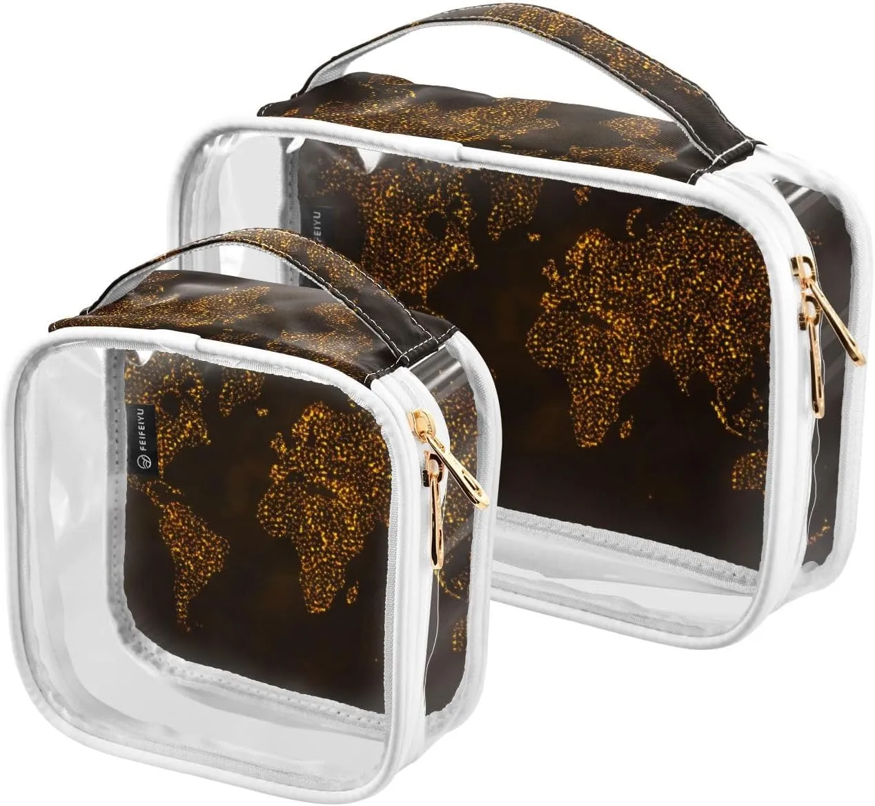 Map-gold-color-dark Print 2 Pack Clear Toiletry Bag Women Men, Portable Waterproof Clear Pouch, Cosmetic Bag with Double Zippers Large Opening Traveling with Handle for Bathroom Traveling Vacation Org