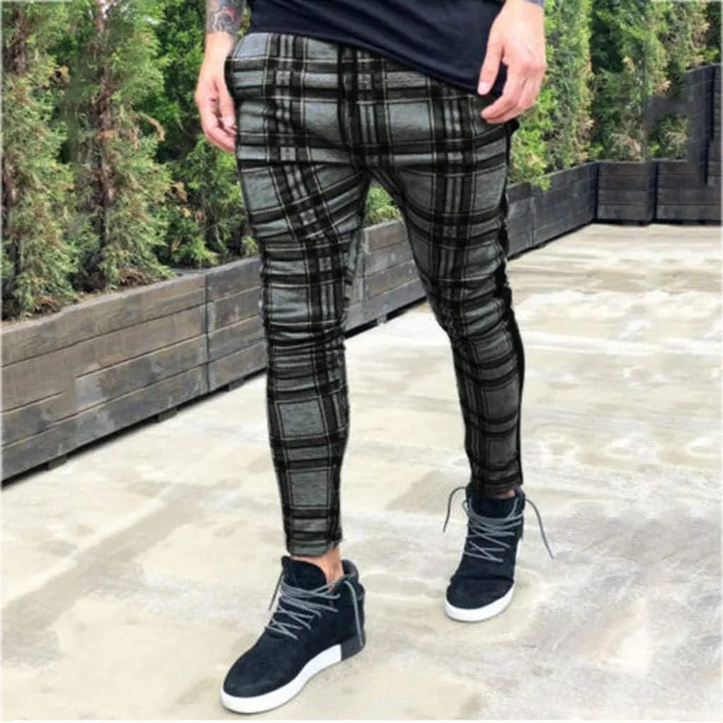 Maryia Men's Casual Plaid Trousers Flat-Front Skinny Slim Fit Track Chino Pants Running Sport Joggers Sweatpants