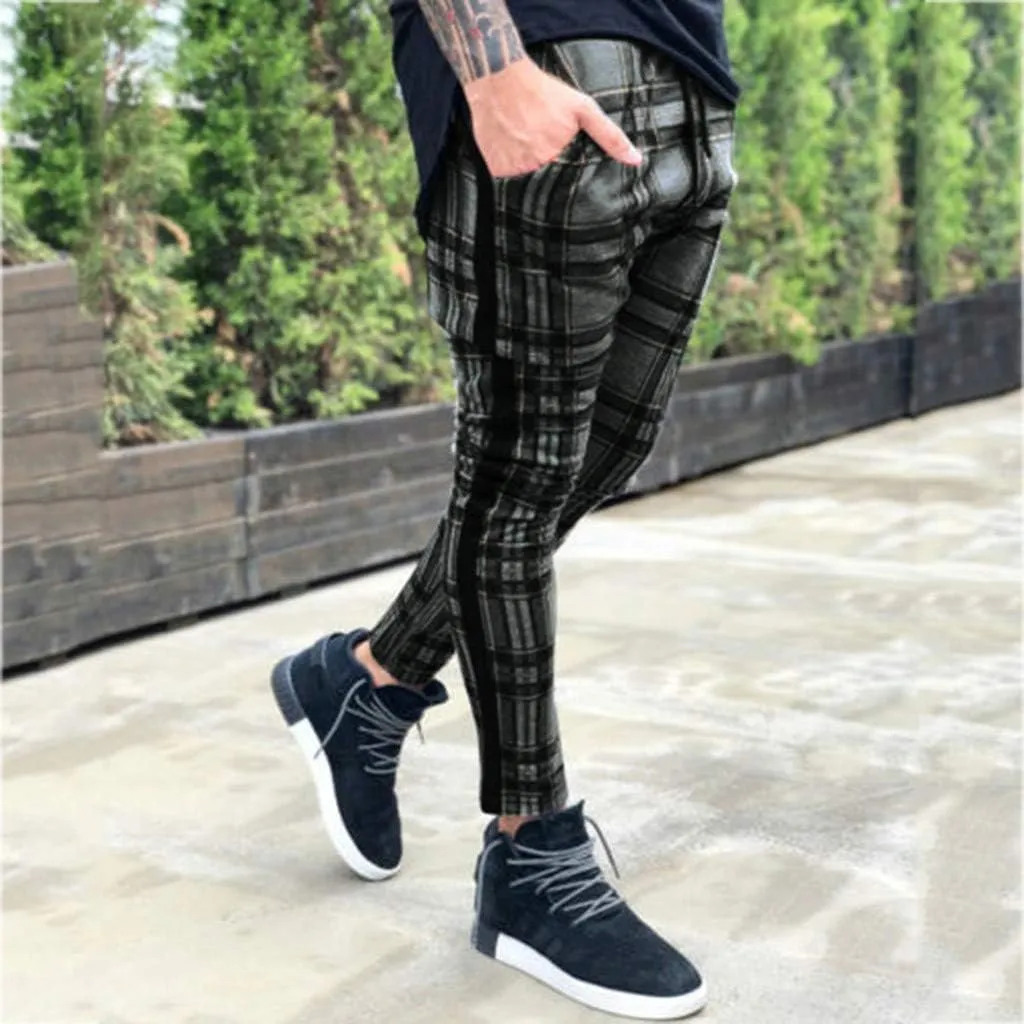 Maryia Men's Casual Plaid Trousers Flat-Front Skinny Slim Fit Track Chino Pants Running Sport Joggers Sweatpants