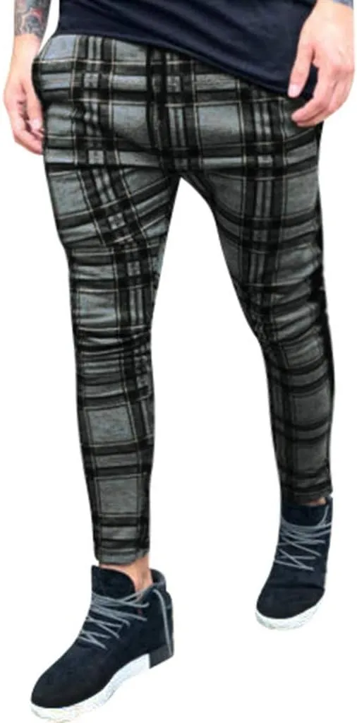 Maryia Men's Casual Plaid Trousers Flat-Front Skinny Slim Fit Track Chino Pants Running Sport Joggers Sweatpants