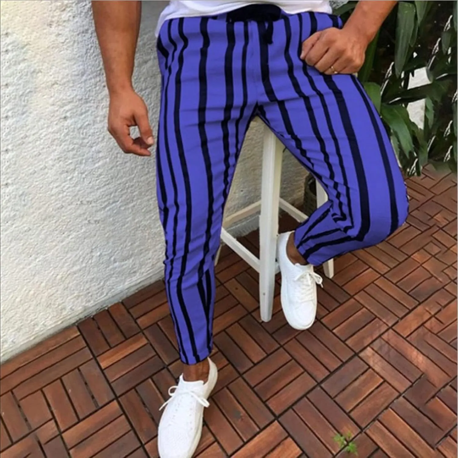 Maryia Men's Striped Skinny Pants Slim Fit Stretch Chino Fashion Jogger Drawstring Elastic Waist Business Style Trouser