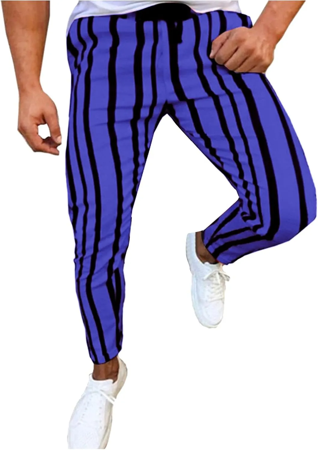 Maryia Men's Striped Skinny Pants Slim Fit Stretch Chino Fashion Jogger Drawstring Elastic Waist Business Style Trouser