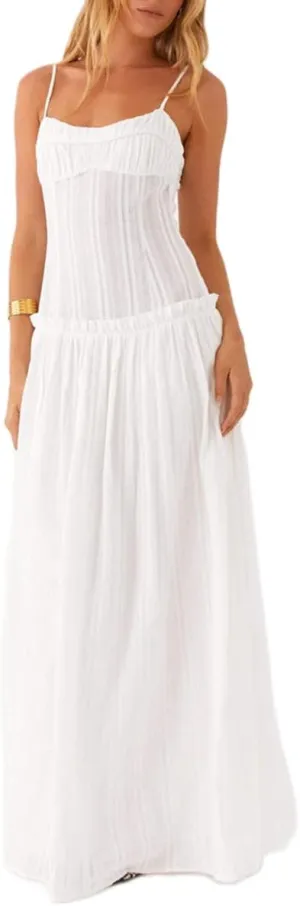 Meiweileya Women Spaghetti Strap Maxi Dress Smocked Drop Waist Long Dresses Backless Tiered Flowy Sundress Summer Beach 2025
