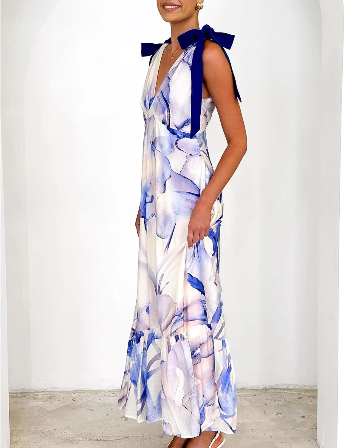 Meiweileya Y2k Tie Shoulder Strap Smocked Maxi Dress for Women Flower Print Ruffle Long Boho Beach Summer Sundress 2025