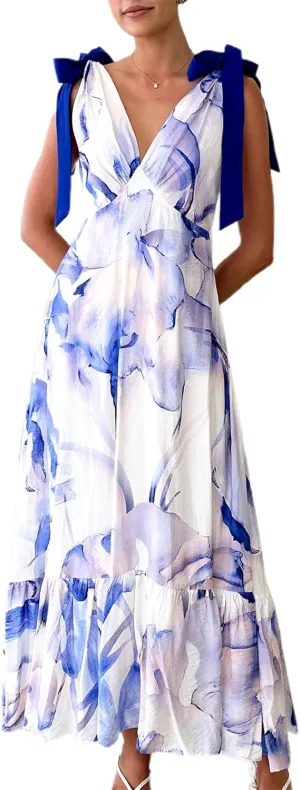 Meiweileya Y2k Tie Shoulder Strap Smocked Maxi Dress for Women Flower Print Ruffle Long Boho Beach Summer Sundress 2025