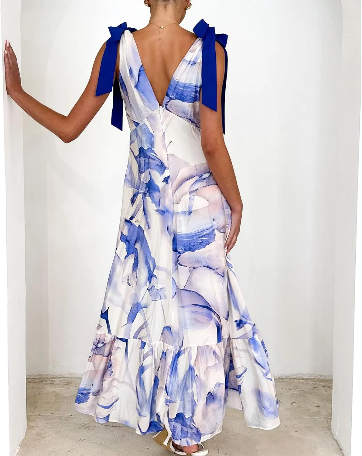 Meiweileya Y2k Tie Shoulder Strap Smocked Maxi Dress for Women Flower Print Ruffle Long Boho Beach Summer Sundress 2025