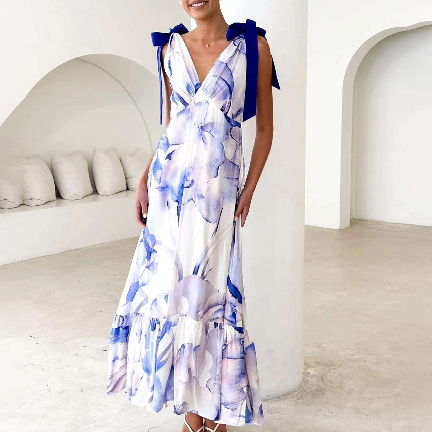 Meiweileya Y2k Tie Shoulder Strap Smocked Maxi Dress for Women Flower Print Ruffle Long Boho Beach Summer Sundress 2025