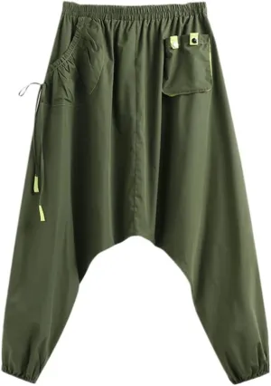 Men Harem Joggers Streetwear Elastic Waist Loose Pockets Drop Crotch Trousers Solid Pants Green