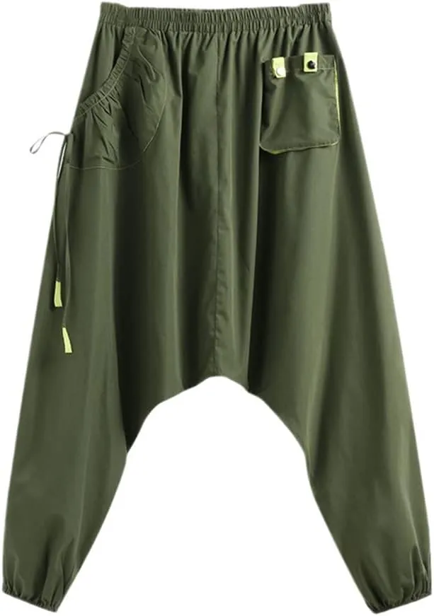 Men Harem Joggers Streetwear Elastic Waist Loose Pockets Drop Crotch Trousers Solid Pants Green