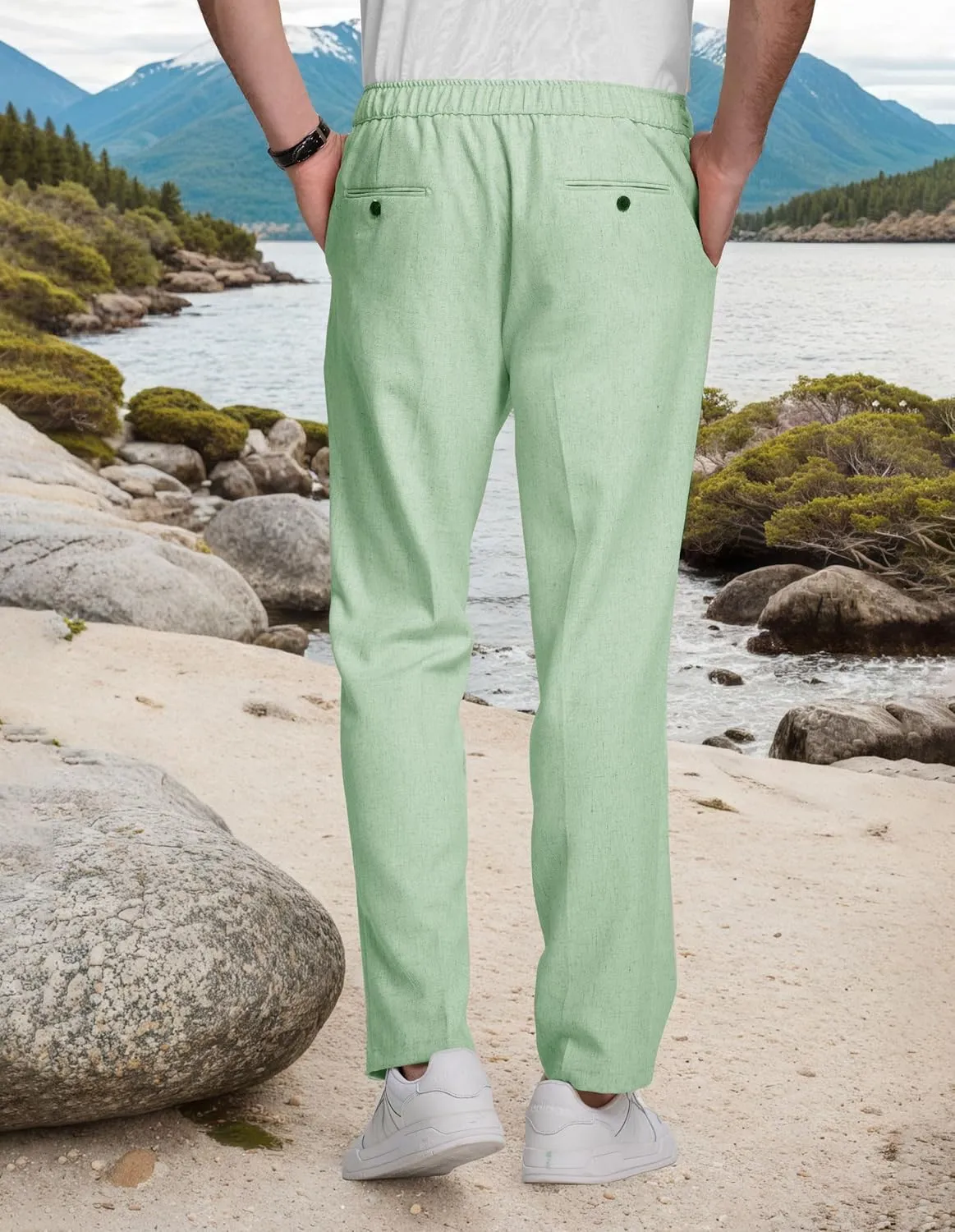 Men's Casual Pants Linen Drawstring Elastic Waist Loose Fit Men Dress Pants Summer Travel Beach Yoga Jog Trouser
