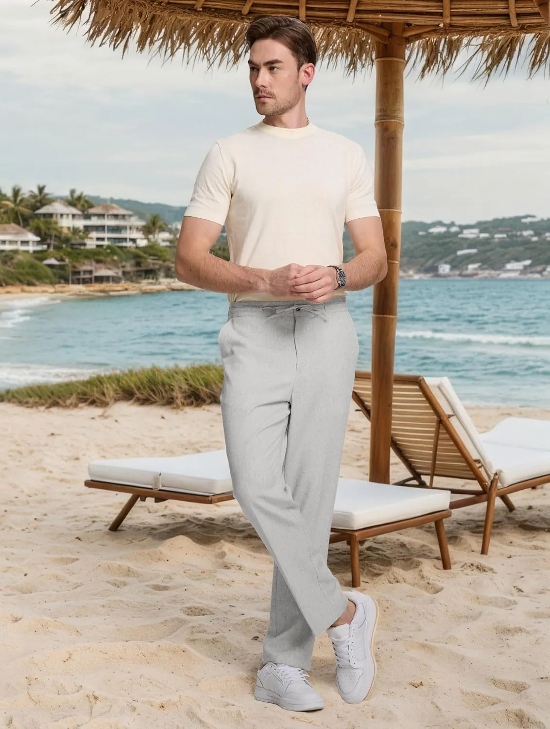 Men's Casual Pants Linen Drawstring Elastic Waist Loose Fit Men Dress Pants Summer Travel Beach Yoga Jog Trouser
