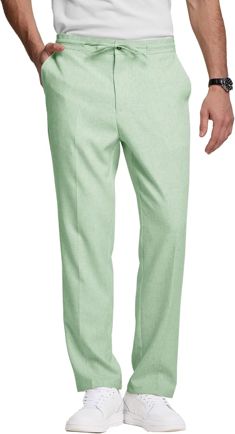 Men's Casual Pants Linen Drawstring Elastic Waist Loose Fit Men Dress Pants Summer Travel Beach Yoga Jog Trouser