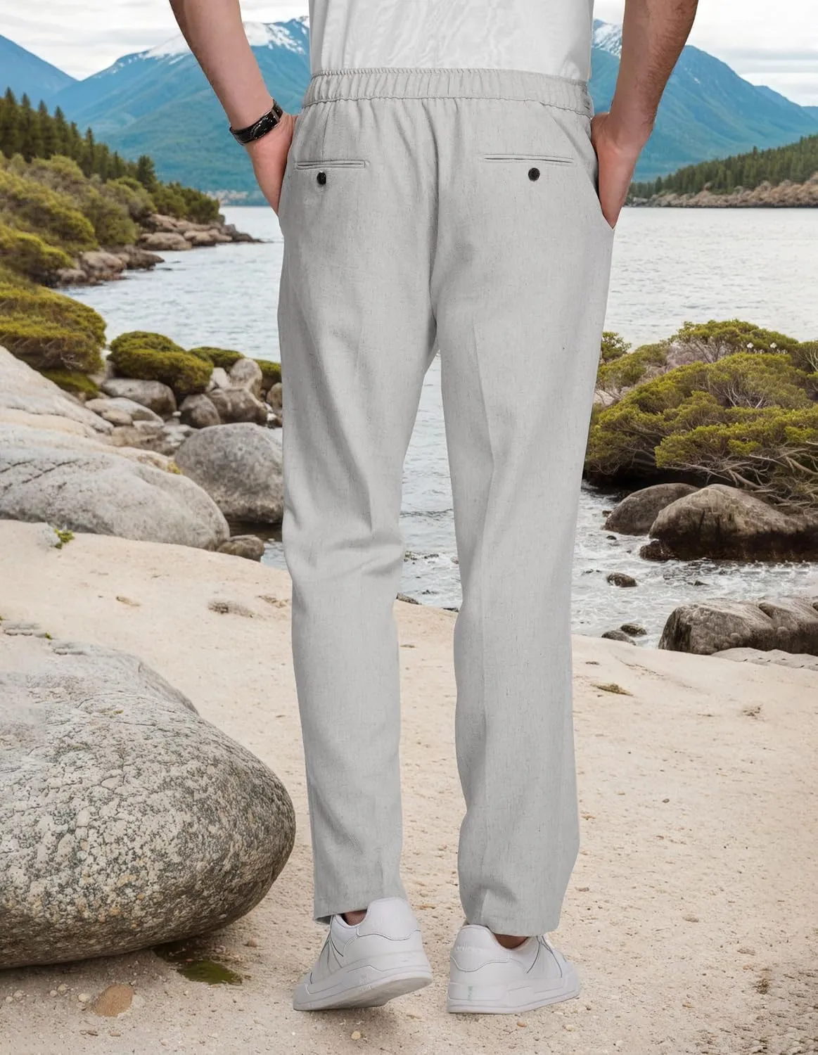 Men's Casual Pants Linen Drawstring Elastic Waist Loose Fit Men Dress Pants Summer Travel Beach Yoga Jog Trouser