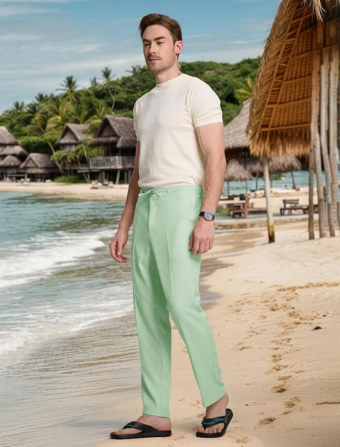 Men's Casual Pants Linen Drawstring Elastic Waist Loose Fit Men Dress Pants Summer Travel Beach Yoga Jog Trouser