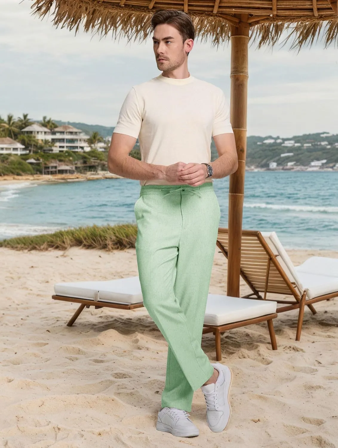 Men's Casual Pants Linen Drawstring Elastic Waist Loose Fit Men Dress Pants Summer Travel Beach Yoga Jog Trouser