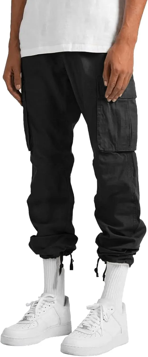 Mens Drawstring Cargo Pants Casual Solid Stretch Waist Sweatpants Athletic Running Tactical Trousers with Pockets