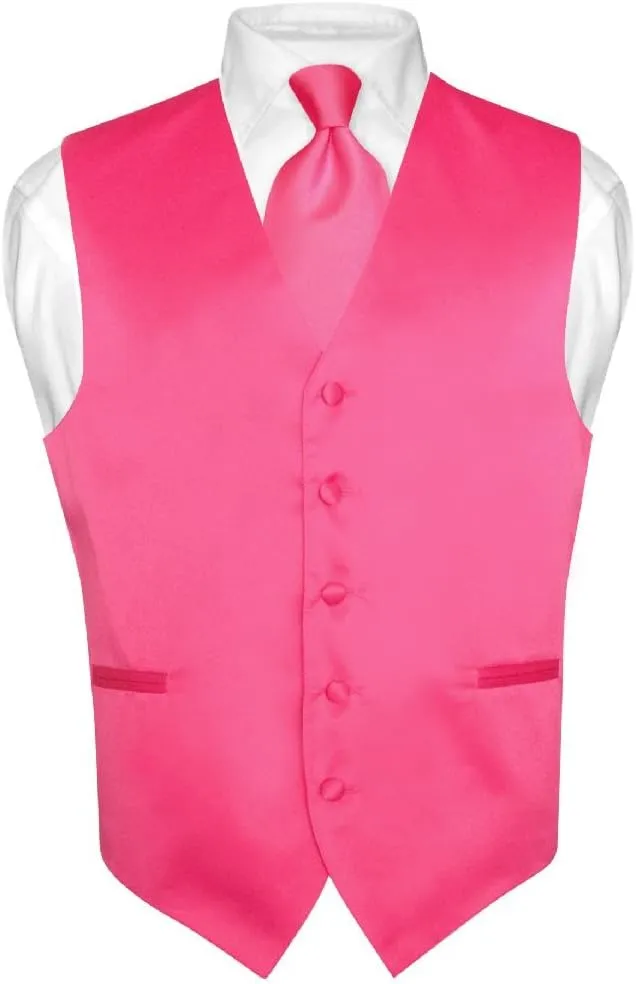 Men's Dress Vest & NeckTie Solid PINK Color Neck Tie Set for Suit or Tuxedo