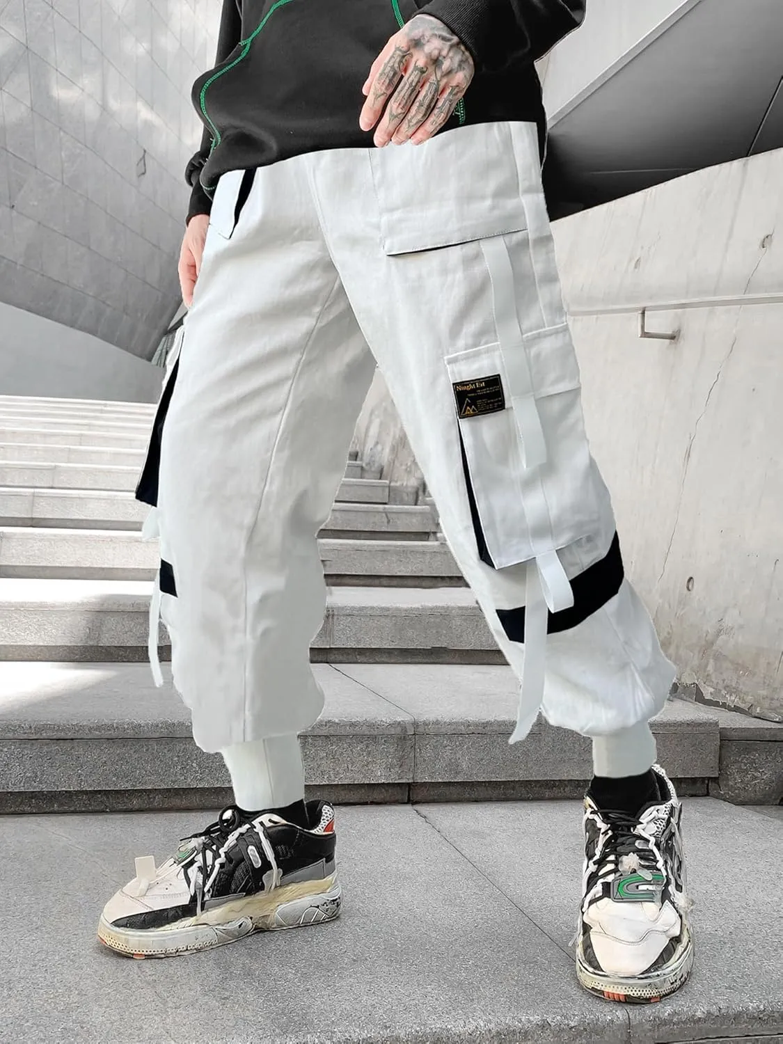 Men's Jogger Pants Punk Cargo Baggy Techwear Hip Hop Harem Pants Streetwear Tactical Track Pants Black White