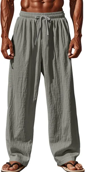 Mens Linen Pants Yoga Beach Loose Fit Casual Summer Elastic Waist Drawstring Baggy Trousers with Pockets