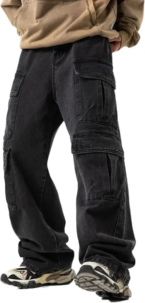 Men's Loose Cargo Pants Mulit Pockets Straight Leg Denim Jeans Casual Trousers