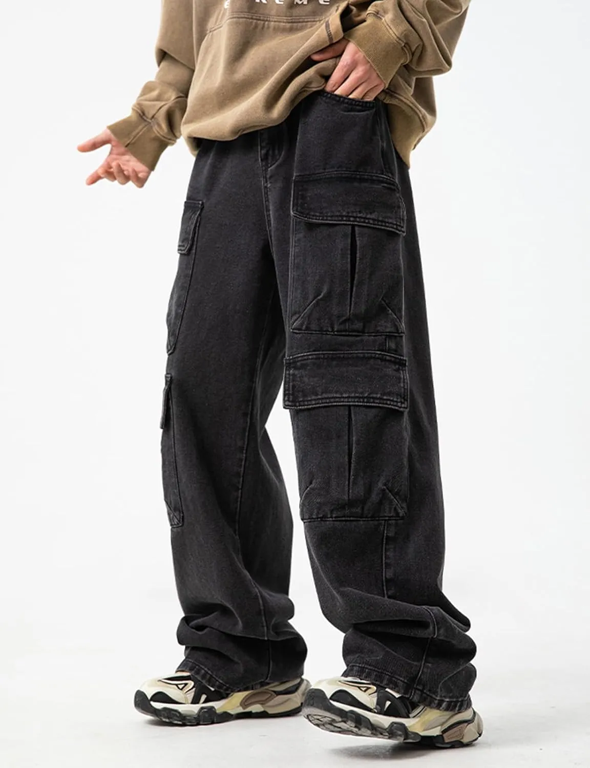 Men's Loose Cargo Pants Mulit Pockets Straight Leg Denim Jeans Casual Trousers