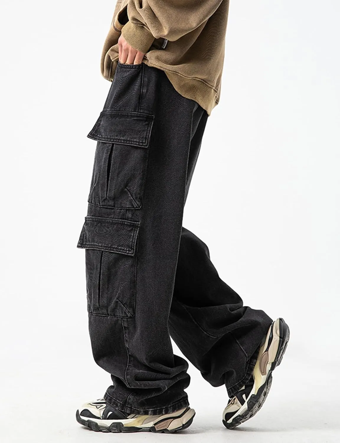 Men's Loose Cargo Pants Mulit Pockets Straight Leg Denim Jeans Casual Trousers